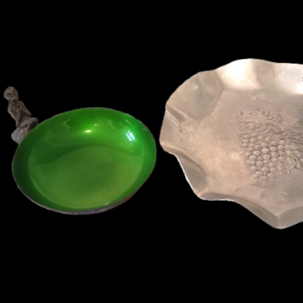 Reed & Barton Dish Green Enamel Silverplate L192 & Hammercraft Dish Vintage Pair